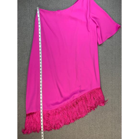 Trina Turk Gull Dress One Shoulder Mini Fringe Pink Snap Dragon Size Large - Picture 9 of 11